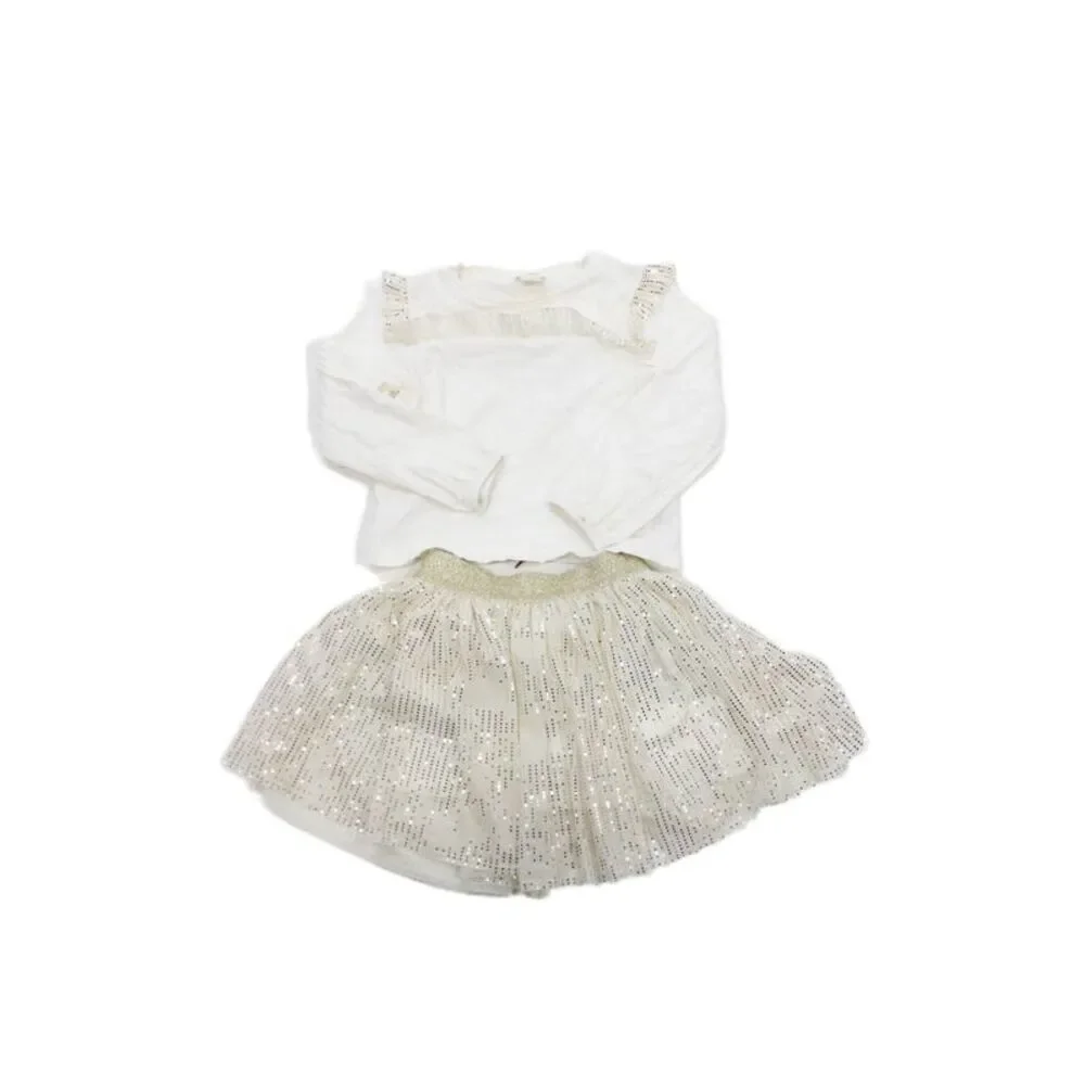 Crewcuts Childrens Girls Ruffled Trim A Line Skirt Set White Gold Size 2-3